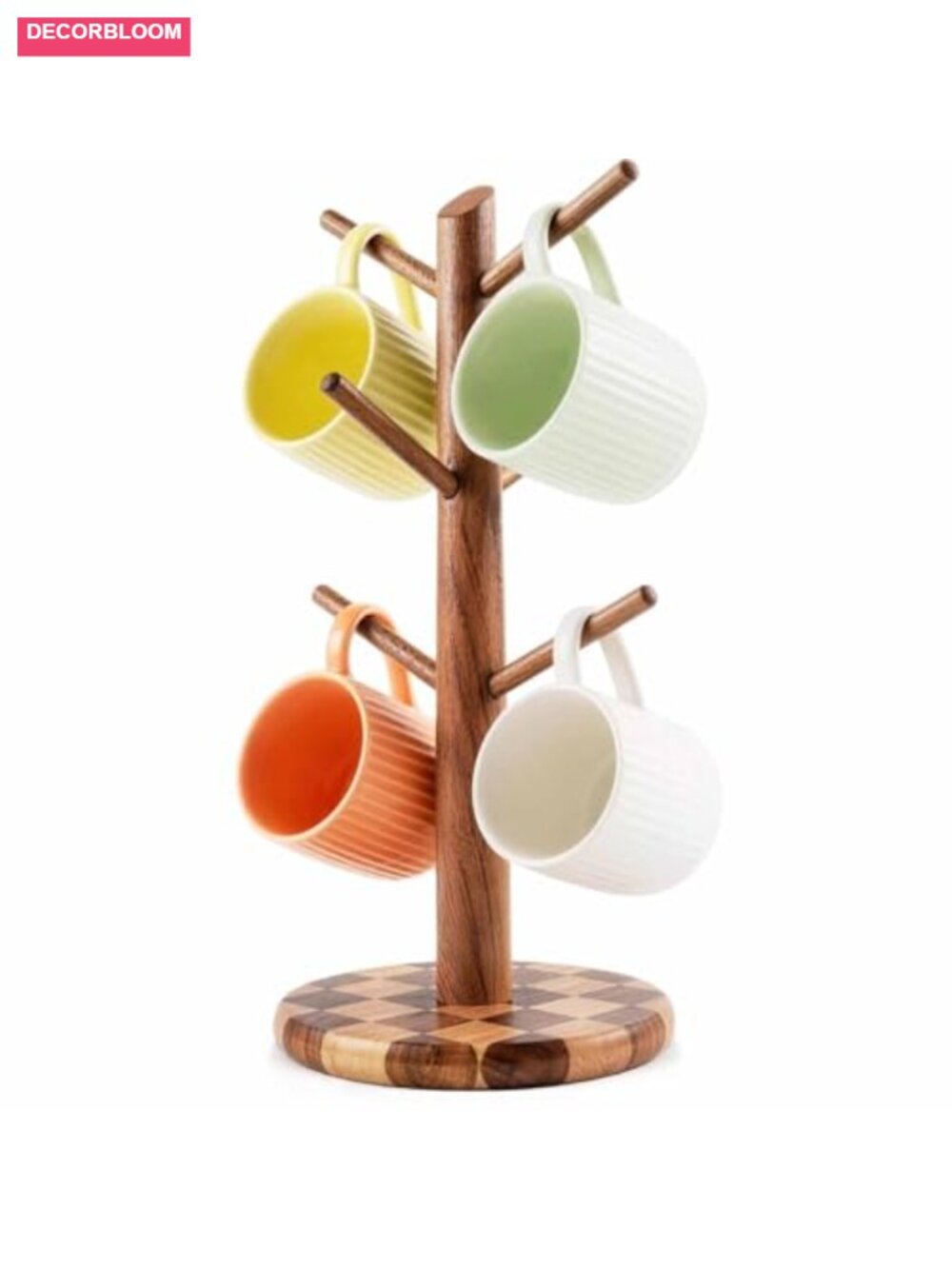 Solid Acacia Wood Mug Tree Holder with 6 Hooks - Countertop Kitchen Storage